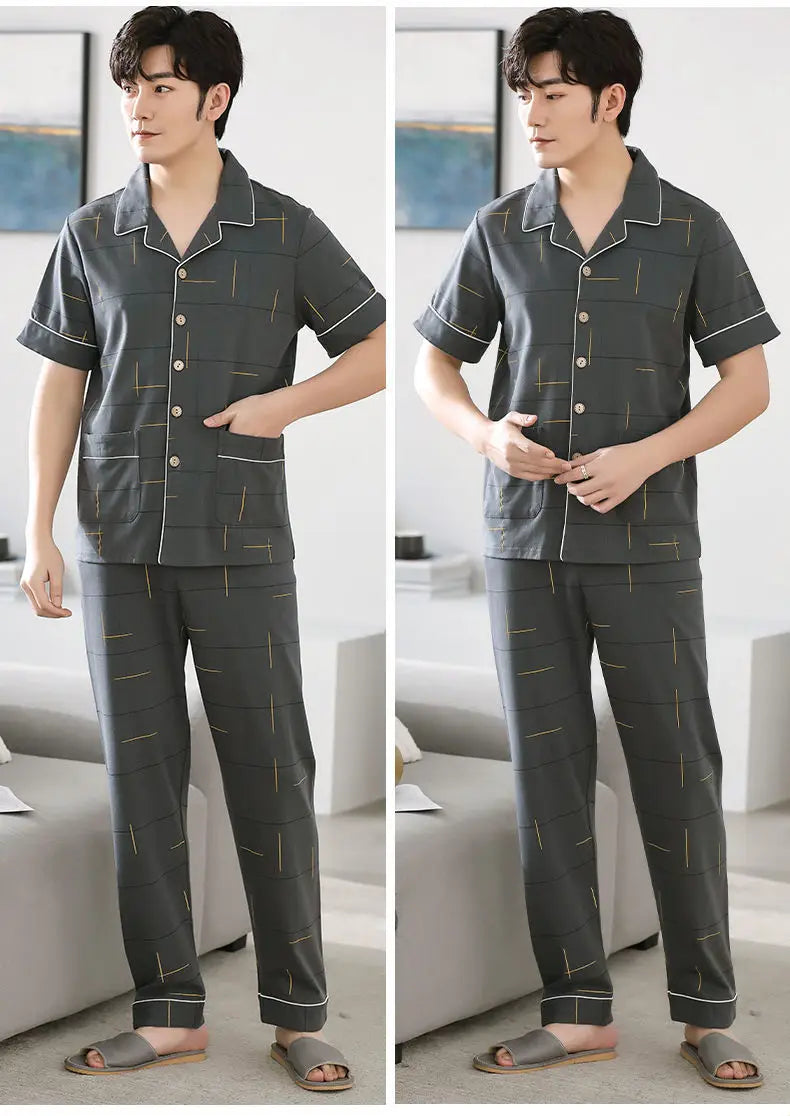 Big Size Cotton Sleepwear Men Short Sleeve Cardigan Trouser Pajama Sets Button Homewear Loungewear Sets Loose Korean Sportswear