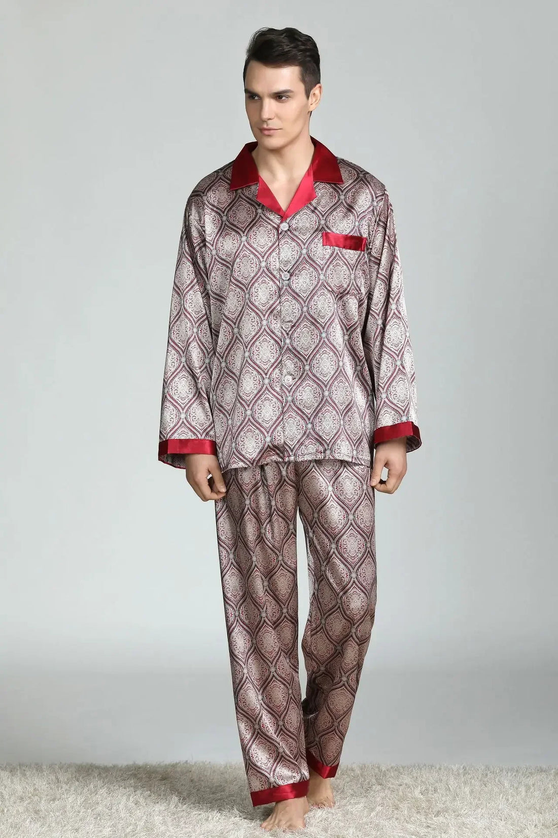 Silk Satin Pajamas for Men Sleepwear Cozy Soft Print Long Sleeve Nightgown Tops+ Trousers Two Pieces Mens Pajama Set