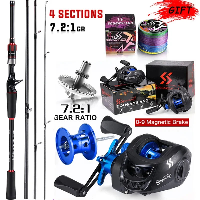 Sougayilang Fishing Rod Reel Combo 1.8~2.1m Carbon Fiber Casting Rod and 7.2:1 Gear Ratio Baitcasting Ree Max Drag 10kg for Bass