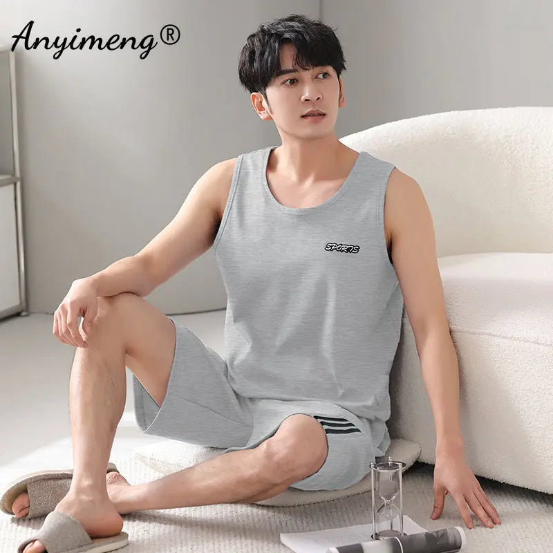 Plus Size 4XL 5XL 6XL 7XL Sleeveless Summer Pajamas Set Plain Men's Nightwear Knitted Cotton Homewear Vest Pijamas for Men