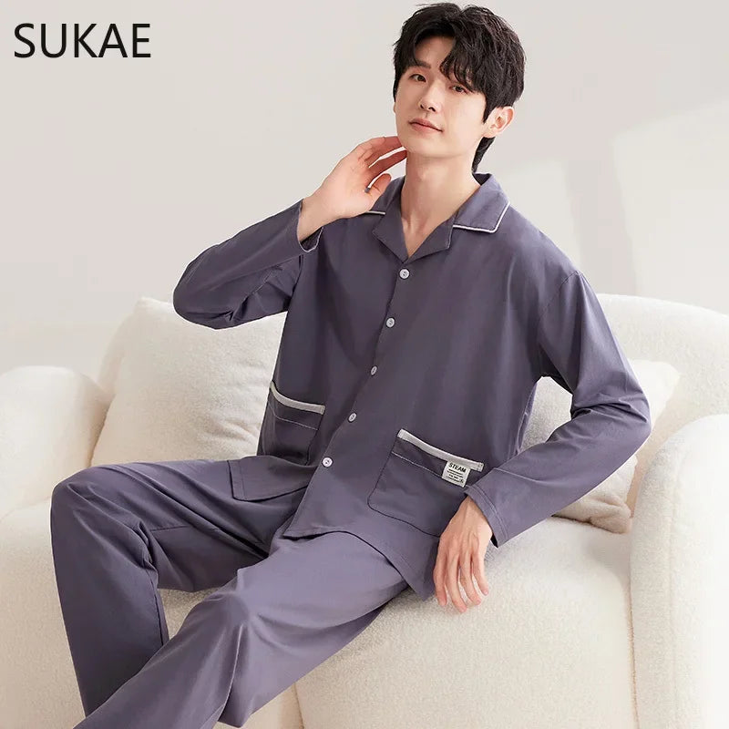 SUKAE Casual Mens Pijama Faux Cotton Soft Nightwear Autumn Spring Homesuit Gentleman Turn-down Collar Sleepwear Boys Pajamas