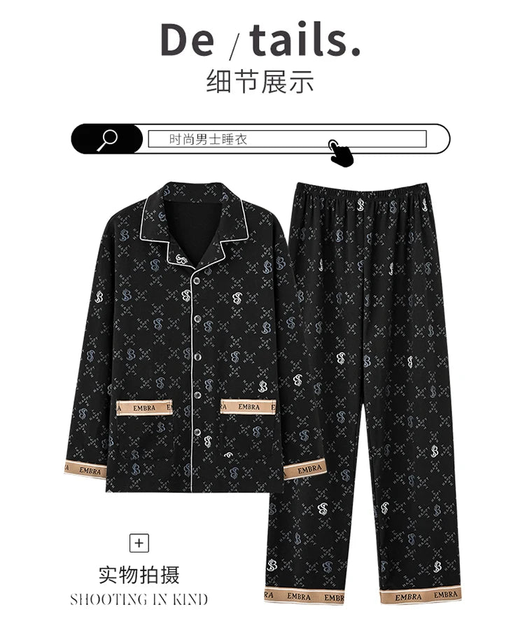 Black Luxurious Men Pajamas Set Autumn Winter Long Sleeves Long Pants Casual Sleepwear Soft Pyjamas Cozy Pijamas Adult Pjs Sleep