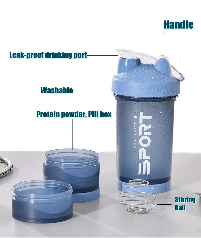 500ML 3-layer Sports Water Protein Powder Shaker Bottle Outdoor Travel Portable Leakproof Drinkware Plastic Drink BPA Free