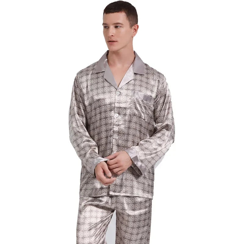 Silk Satin Pajamas for Men Sleepwear Cozy Soft Print Long Sleeve Nightgown Tops+ Trousers Two Pieces Mens Pajama Set