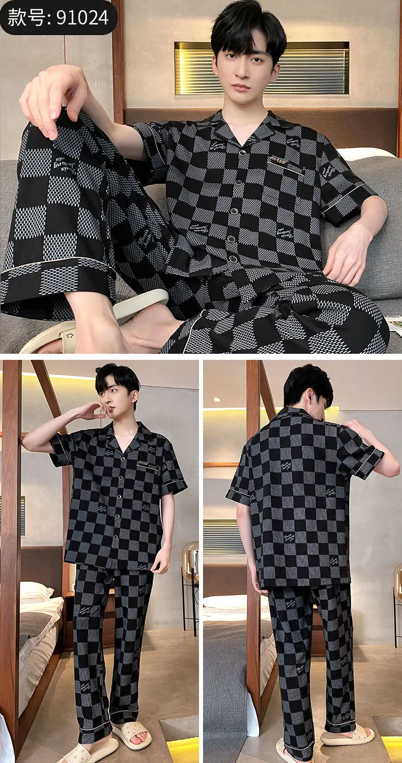 Summer Knitted Plaid Men's Pyjamas Plus 4XL Pajama Sets Casual Pjs Lounge Masculine Sleepwear Nightwear Pijamas Homewear Fashion