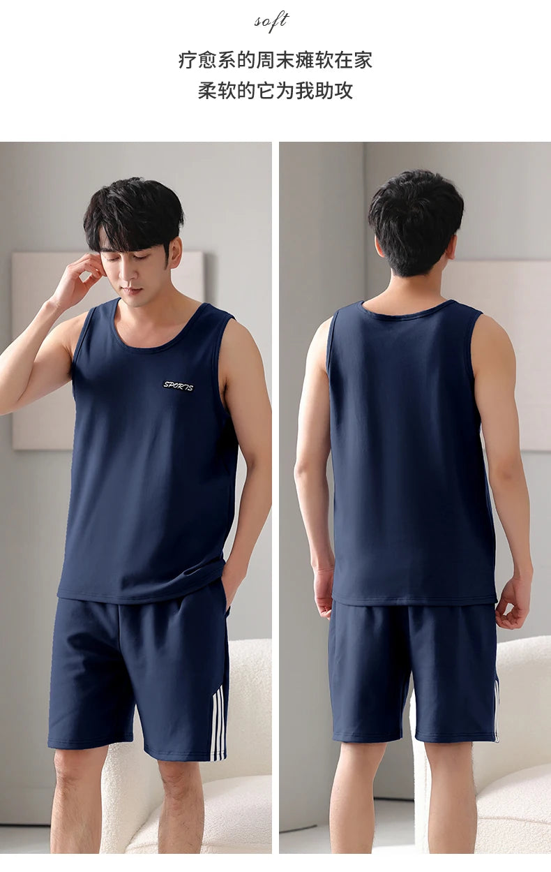 Plus Size 4XL 5XL 6XL 7XL Sleeveless Summer Pajamas Set Plain Men's Nightwear Knitted Cotton Homewear Vest Pijamas for Men