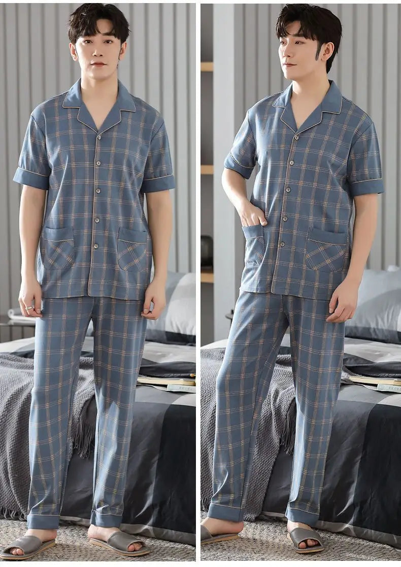 Big Size Cotton Sleepwear Men Short Sleeve Cardigan Trouser Pajama Sets Button Homewear Loungewear Sets Loose Korean Sportswear