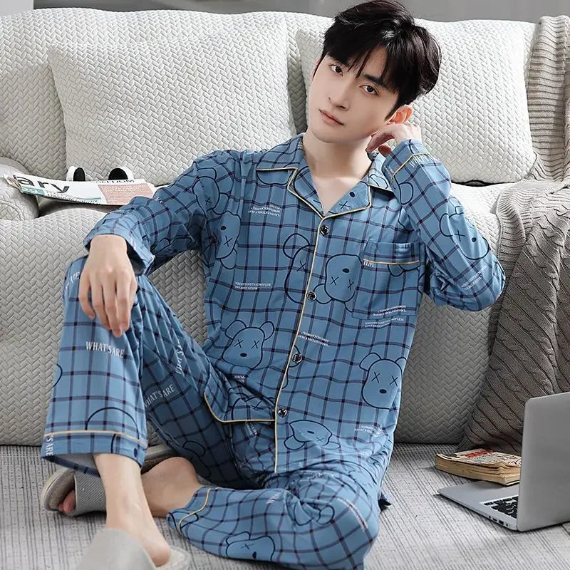 Fall 100% Cotton Pajamas Men's Comfortable Long-sleeved Plus Size Home Wear Suit Teenagers Leisure Outdoor Can Be Worn Outside