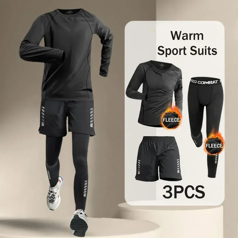 Korean Warm Sports Suit Men 2-4 PCS Running Set Jogging Basketball Underwear Tights Sportswear Gym Fitness Tracksuit Clothes