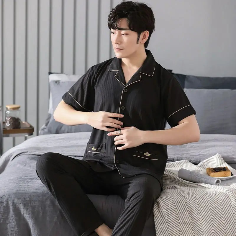 Big Size Cotton Sleepwear Men Short Sleeve Cardigan Trouser Pajama Sets Button Homewear Loungewear Sets Loose Korean Sportswear