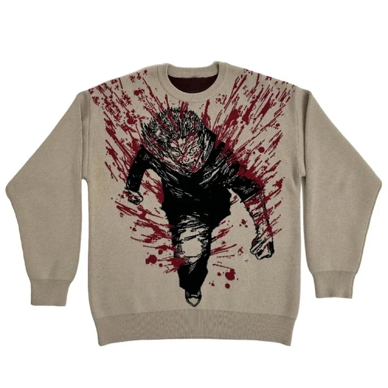 New Hip Hop Gothic Dark Anime Print Streetwear Knitted Sweater Men  Pullover Autumn Harajuku Sweater Women Oversized Sweate