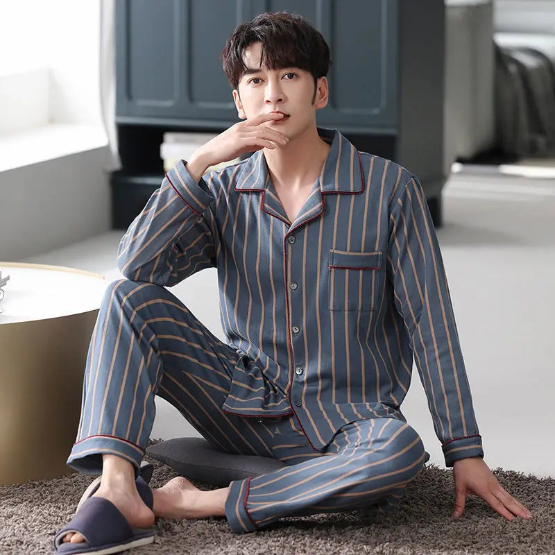 100% Cotton Men's Fall and Winter Long-Sleeved Long Pants Middle-Aged Thin Section of Pajamas Sleepwear Homewear Suit Loungewear