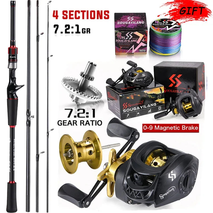 Sougayilang Fishing Rod Reel Combo 1.8~2.1m Carbon Fiber Casting Rod and 7.2:1 Gear Ratio Baitcasting Ree Max Drag 10kg for Bass