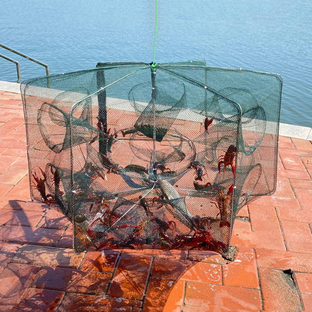 Folded Fishing Bait Trap, 6/8/12/16/20 Holes Foldable Fishing Nets for Fish/Crab/Shrimp/Crawdad Catcher Upgrade Large Space Gift