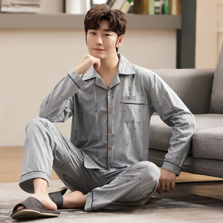 L-5XL Plus Size Faux Cotton Print Men's Pajamas Korean Ins Autumn Y2k Male Nightwear 2024 New Big Size Long Sleeve+pant Home Set