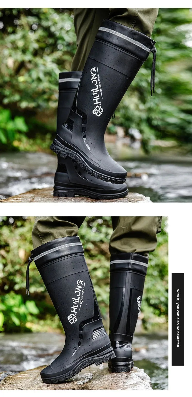 Men's Fashionable InsTrendy Waterproof Non-slip High Top Rain Boots With Thick Sole And Wear-Resistant Rubber Shoes For Fishing