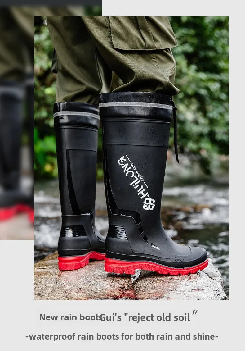 Men's Fashionable InsTrendy Waterproof Non-slip High Top Rain Boots With Thick Sole And Wear-Resistant Rubber Shoes For Fishing