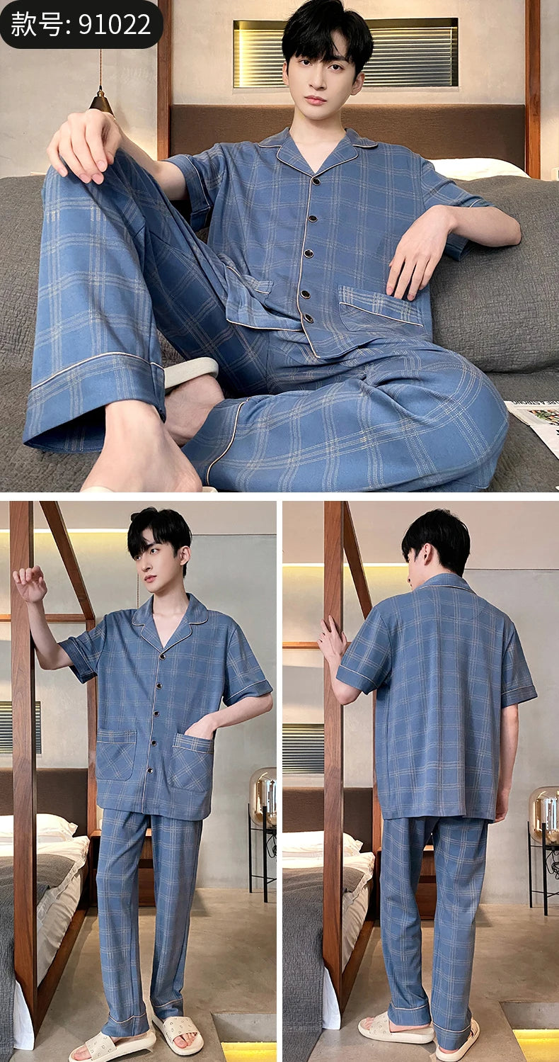 Summer Knitted Plaid Men's Pyjamas Plus 4XL Pajama Sets Casual Pjs Lounge Masculine Sleepwear Nightwear Pijamas Homewear Fashion