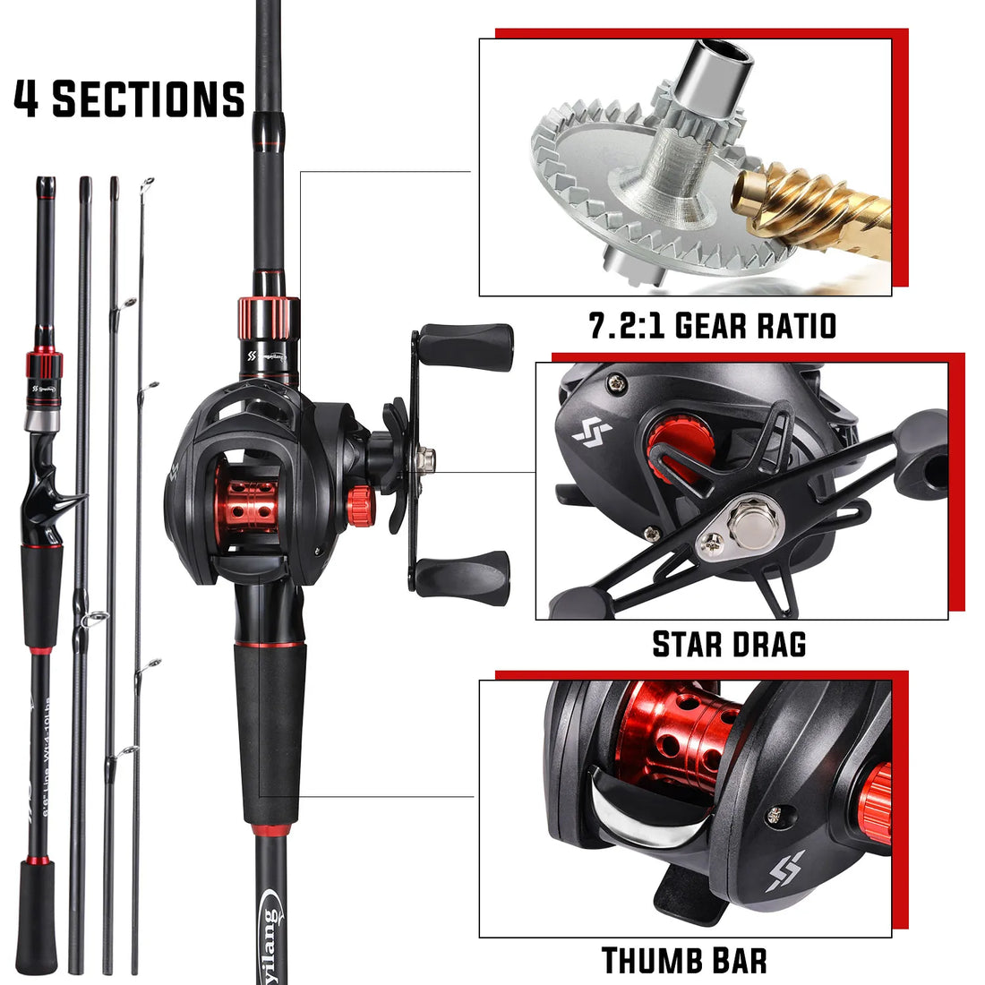 Sougayilang Fishing Rod Reel Combo 1.8~2.1m Carbon Fiber Casting Rod and 7.2:1 Gear Ratio Baitcasting Ree Max Drag 10kg for Bass