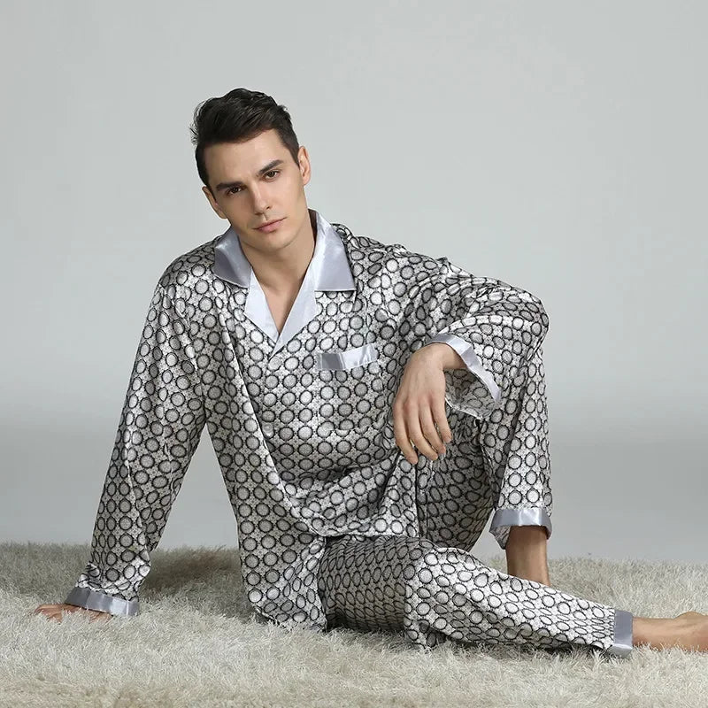 Silk Satin Pajamas for Men Sleepwear Cozy Soft Print Long Sleeve Nightgown Tops+ Trousers Two Pieces Mens Pajama Set