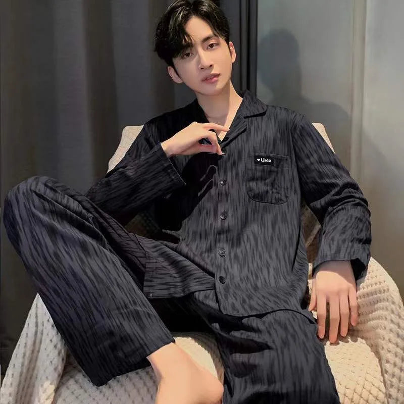 Men's Spring And Fall Cotton Pajamas Long-Sleeved Cotton Home Wear Casual Outwear Big Yards Boys Home Wear Suit