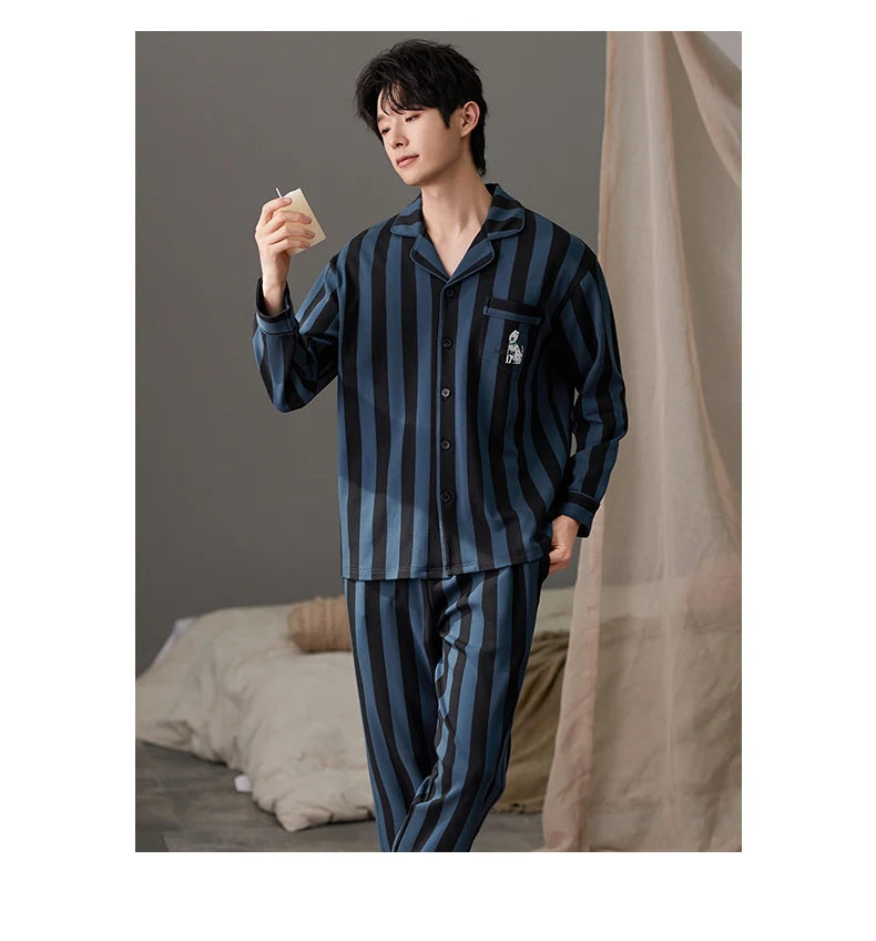 SUKAE Casual Mens Pijama Faux Cotton Soft Nightwear Autumn Spring Homesuit Gentleman Turn-down Collar Sleepwear Boys Pajamas