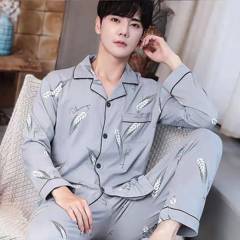 Cotton Cartoon Elephant Men's Pajamas Long-Sleeved Cardigan Sleepwear Loungewear Young and Middle-Aged Students Casual Homewear