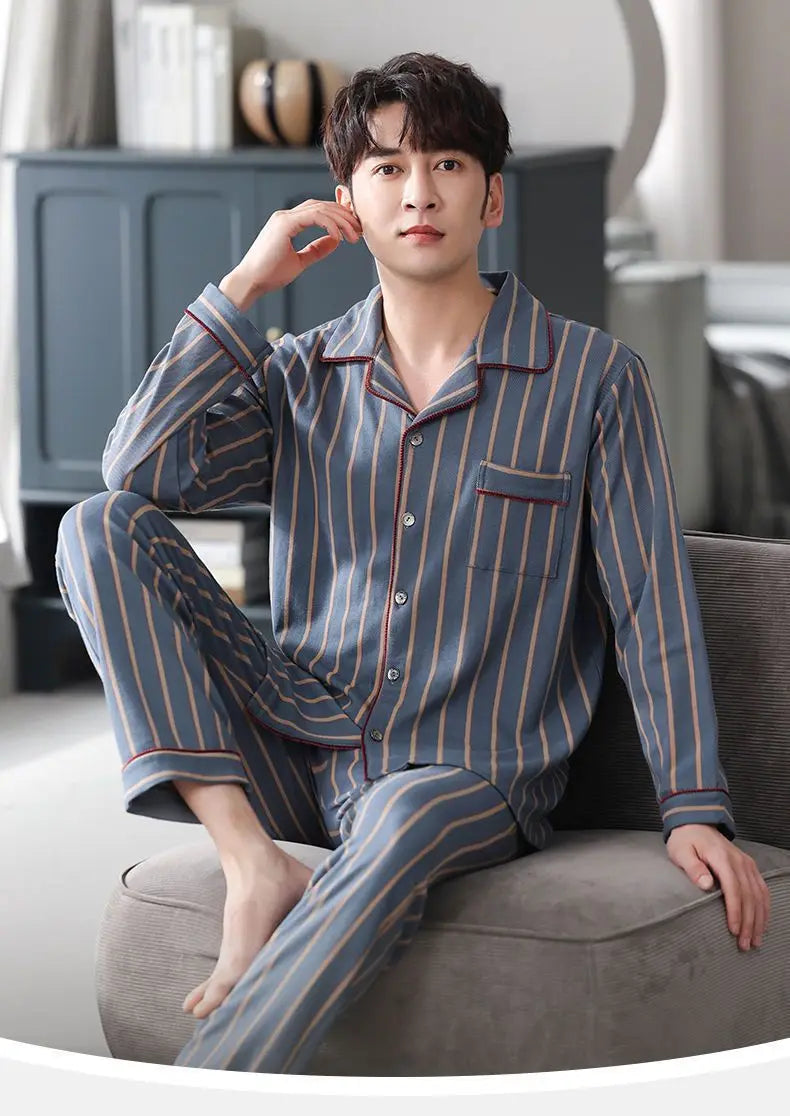 100% Cotton Men's Fall and Winter Long-Sleeved Long Pants Middle-Aged Thin Section of Pajamas Sleepwear Homewear Suit Loungewear