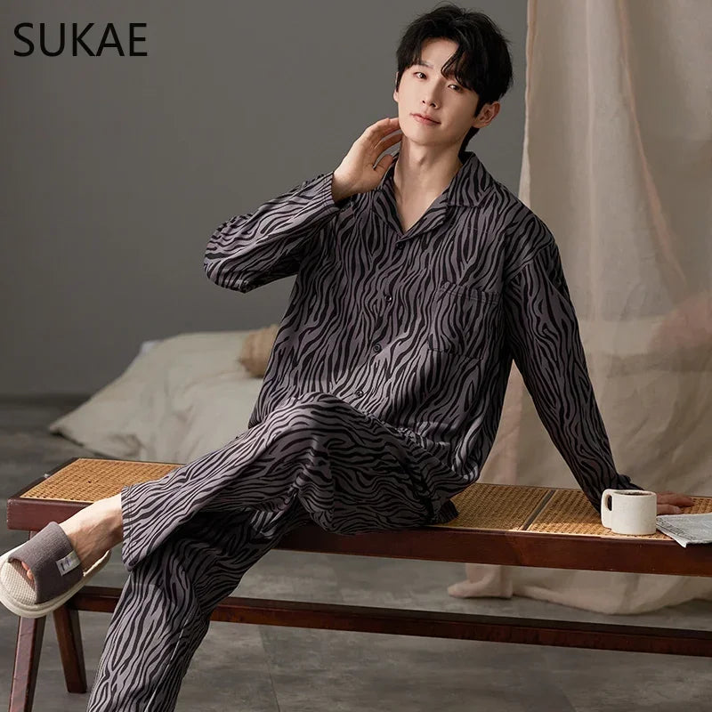 SUKAE Casual Mens Pijama Faux Cotton Soft Nightwear Autumn Spring Homesuit Gentleman Turn-down Collar Sleepwear Boys Pajamas