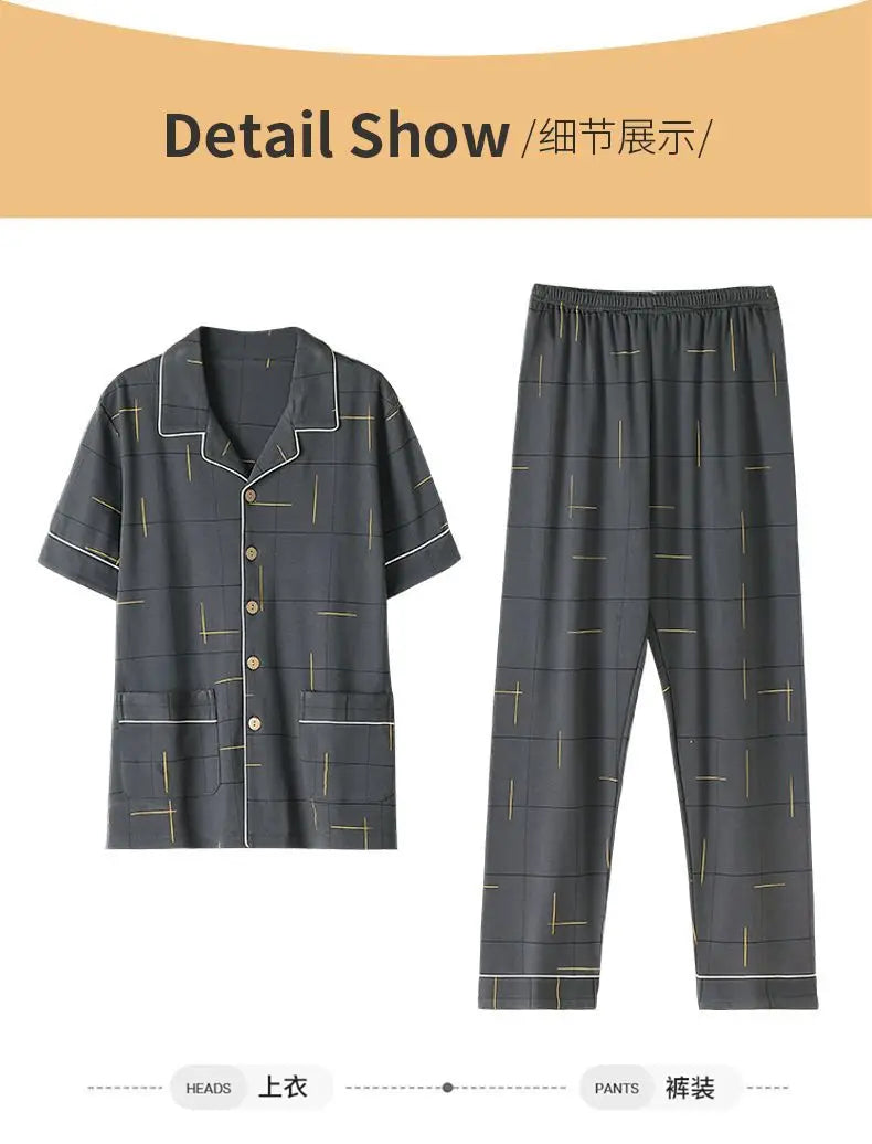 Big Size Cotton Sleepwear Men Short Sleeve Cardigan Trouser Pajama Sets Button Homewear Loungewear Sets Loose Korean Sportswear