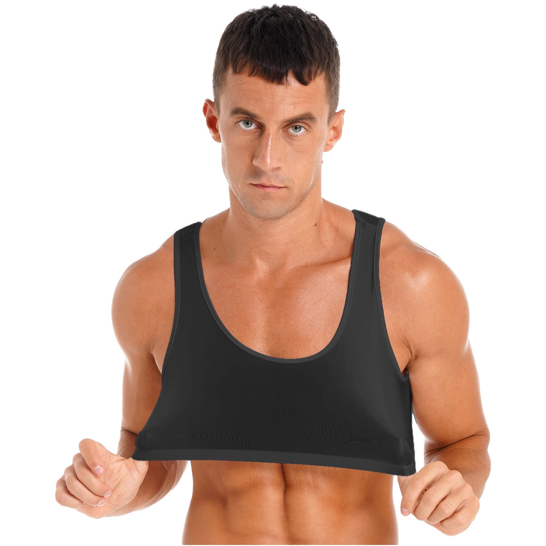 Men's Glossy Sleeveless Crop Tank Tops Vest Muscle Half T-Shirt Undershirt for Gym Sport Workout Training Exercise Bodybuilding