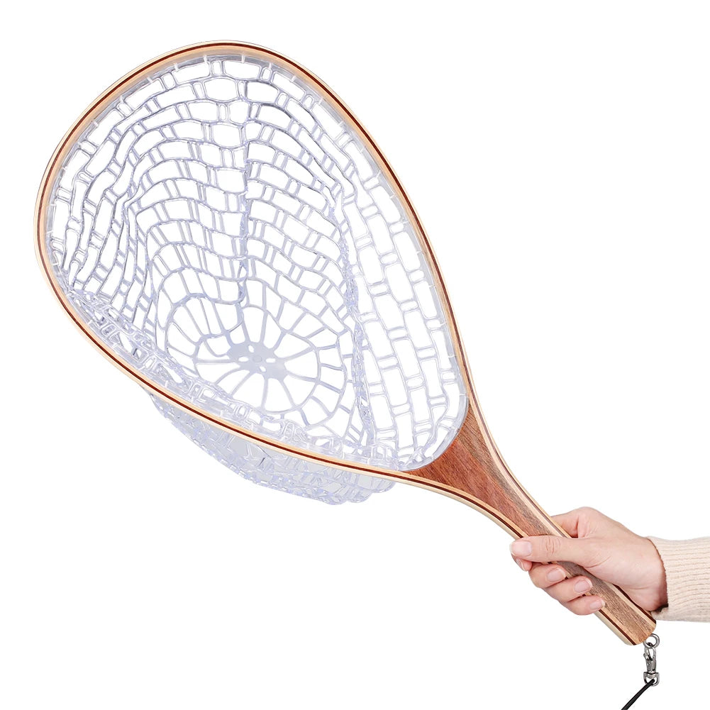 Fly Fishing Landing Nets Wooden Handle Transparent Rubber/Nylon Mesh Trout Mesh Fish Catch Release Stream River Fishing Tool