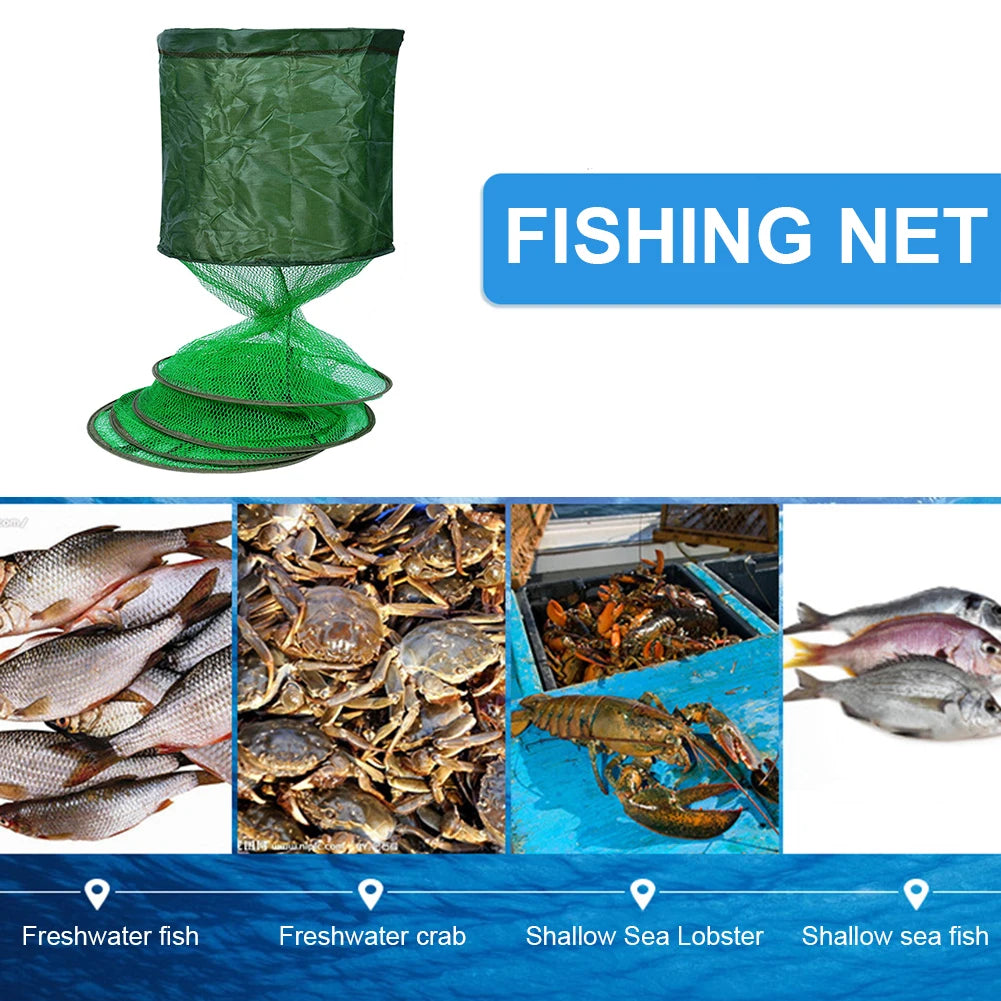 Portable Nylon Mesh Net Fish Storage Fishing Accessories Steel Ring Folding Fish Cage Fishing Trap Net Fish Basket Tackle