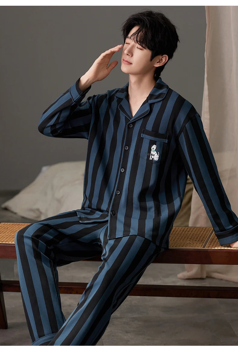 SUKAE Casual Mens Pijama Faux Cotton Soft Nightwear Autumn Spring Homesuit Gentleman Turn-down Collar Sleepwear Boys Pajamas