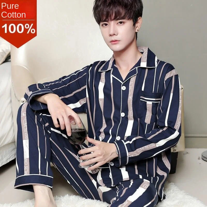 100% Cotton Men's Fall and Winter Long-Sleeved Long Pants Middle-Aged Thin Section of Pajamas Sleepwear Homewear Suit Loungewear