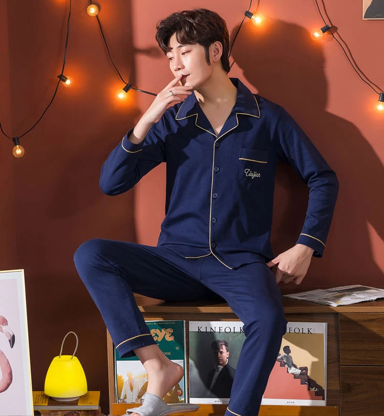 L-5XL Plus Size Faux Cotton Print Men's Pajamas Korean Ins Autumn Y2k Male Nightwear 2024 New Big Size Long Sleeve+pant Home Set