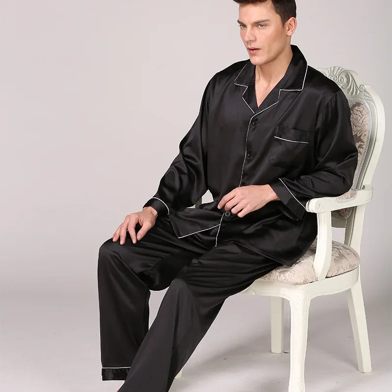 Silk Satin Pajamas for Men Sleepwear Cozy Soft Print Long Sleeve Nightgown Tops+ Trousers Two Pieces Mens Pajama Set