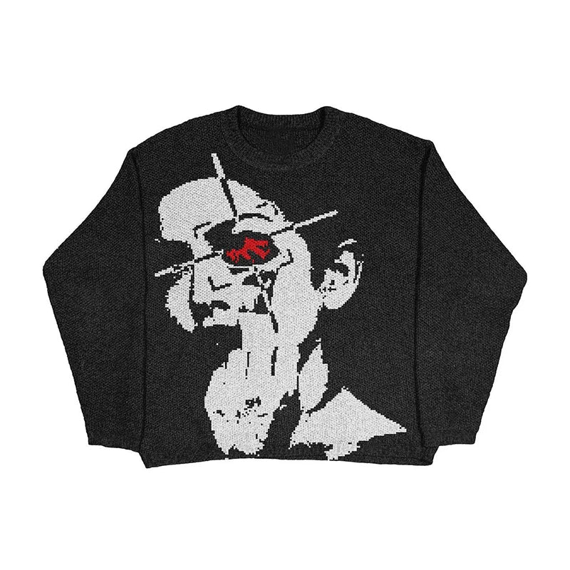 New Hip Hop Streetwear Knitted Sweater men Gothic portrait Print Pullover autumn Harajuku Cotton sweater women Oversized Sweater