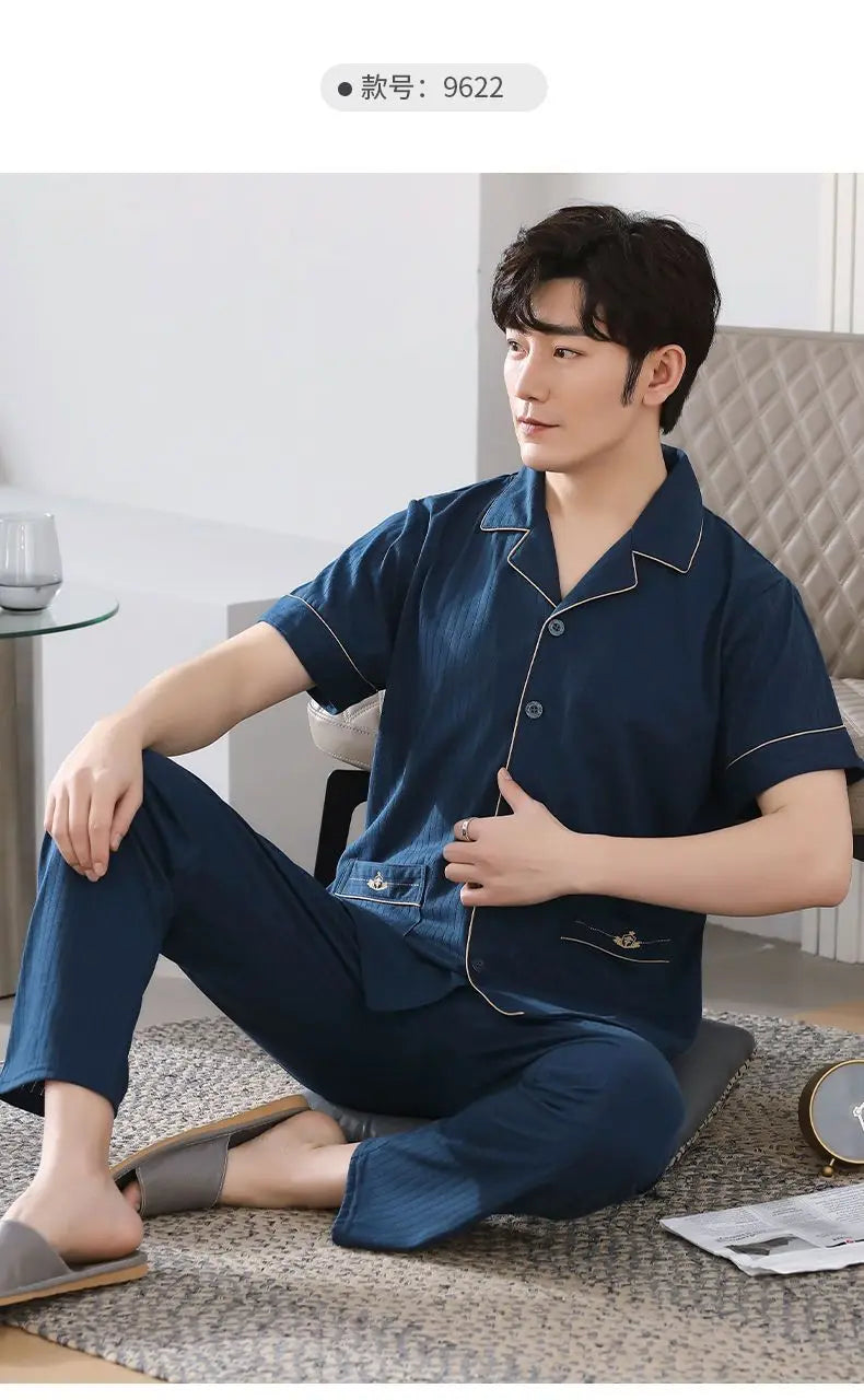 Big Size Cotton Sleepwear Men Short Sleeve Cardigan Trouser Pajama Sets Button Homewear Loungewear Sets Loose Korean Sportswear