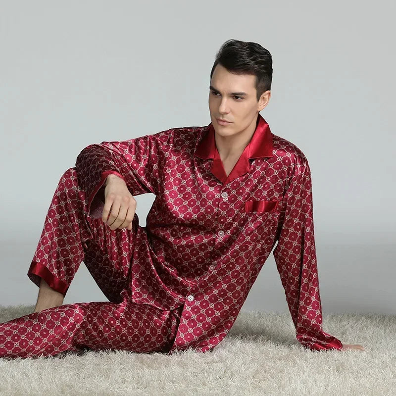 Silk Satin Pajamas for Men Sleepwear Cozy Soft Print Long Sleeve Nightgown Tops+ Trousers Two Pieces Mens Pajama Set