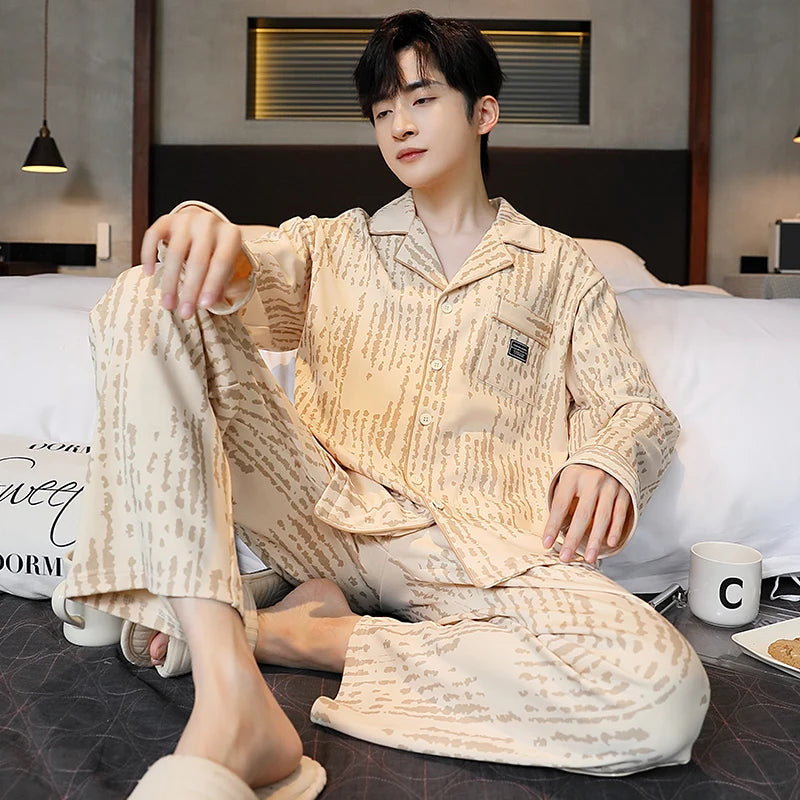 SUKAE Casual Mens Pijama Faux Cotton Soft Nightwear Autumn Spring Homesuit Gentleman Turn-down Collar Sleepwear Boys Pajamas