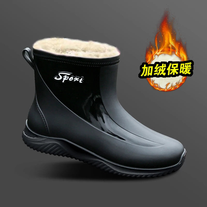 New rain boots for men non-slip wear-resistant take-out riding rubber shoes fishing mid-tube plus velvet winter waterproof shoes