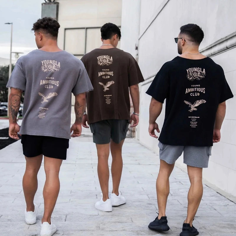 Fashion Casual Mens Clothing Men's Oversized T-shirt Ragged Short Sleeve Cotton Round Neck Printed T-shirt Gym Training Clothing