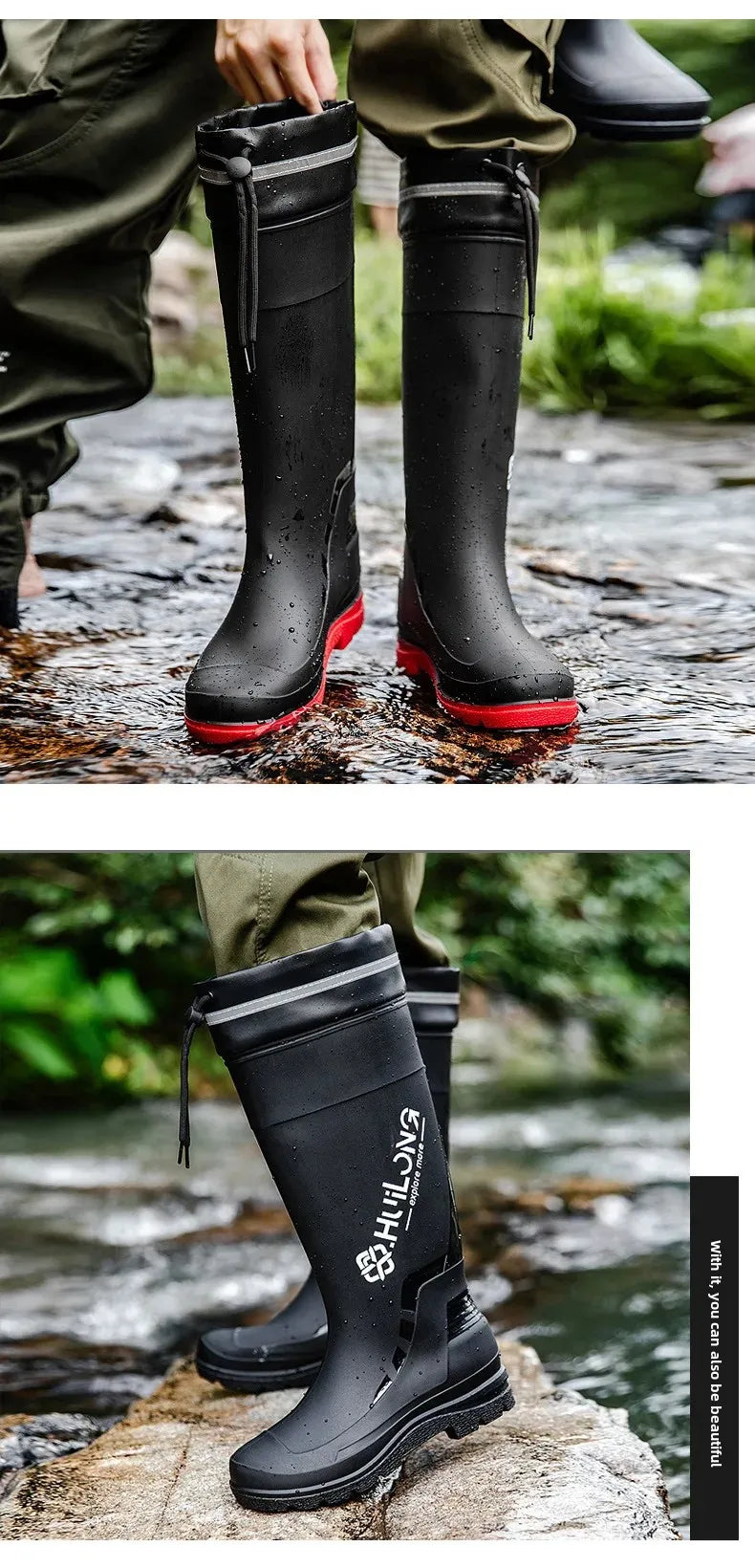 Men's Fashionable InsTrendy Waterproof Non-slip High Top Rain Boots With Thick Sole And Wear-Resistant Rubber Shoes For Fishing