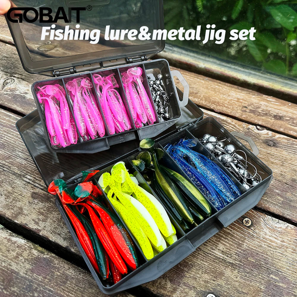 50PCS/Box Metal Jig Bait 5.5cm 7cm 10cm Soft Lure 3g 5g 7g 10g 14g Jigging Head Hook Fishing Box Pesca Swimbait Sinking Lure Kit