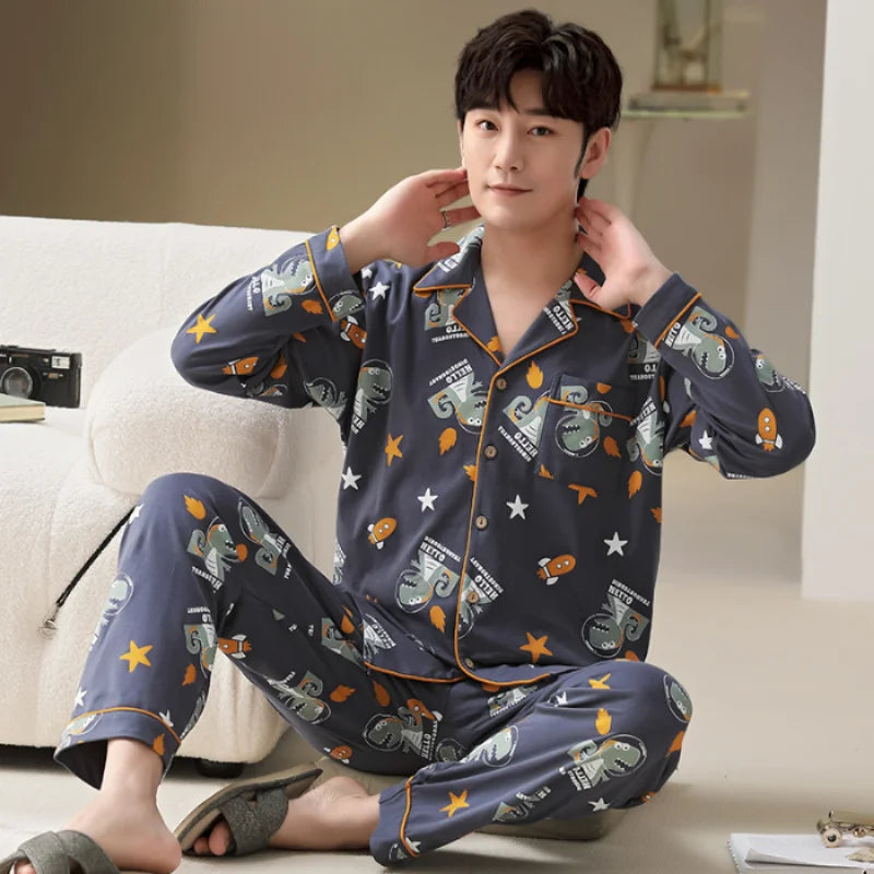 L-5XL Plus Size Faux Cotton Print Men's Pajamas Korean Ins Autumn Y2k Male Nightwear 2024 New Big Size Long Sleeve+pant Home Set