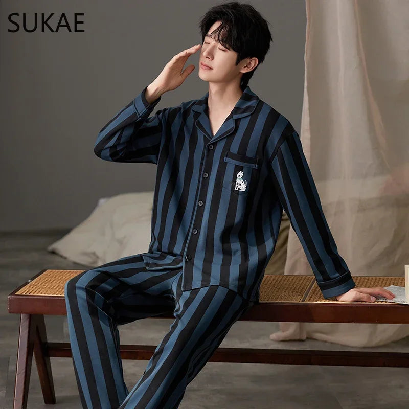 SUKAE Casual Mens Pijama Faux Cotton Soft Nightwear Autumn Spring Homesuit Gentleman Turn-down Collar Sleepwear Boys Pajamas