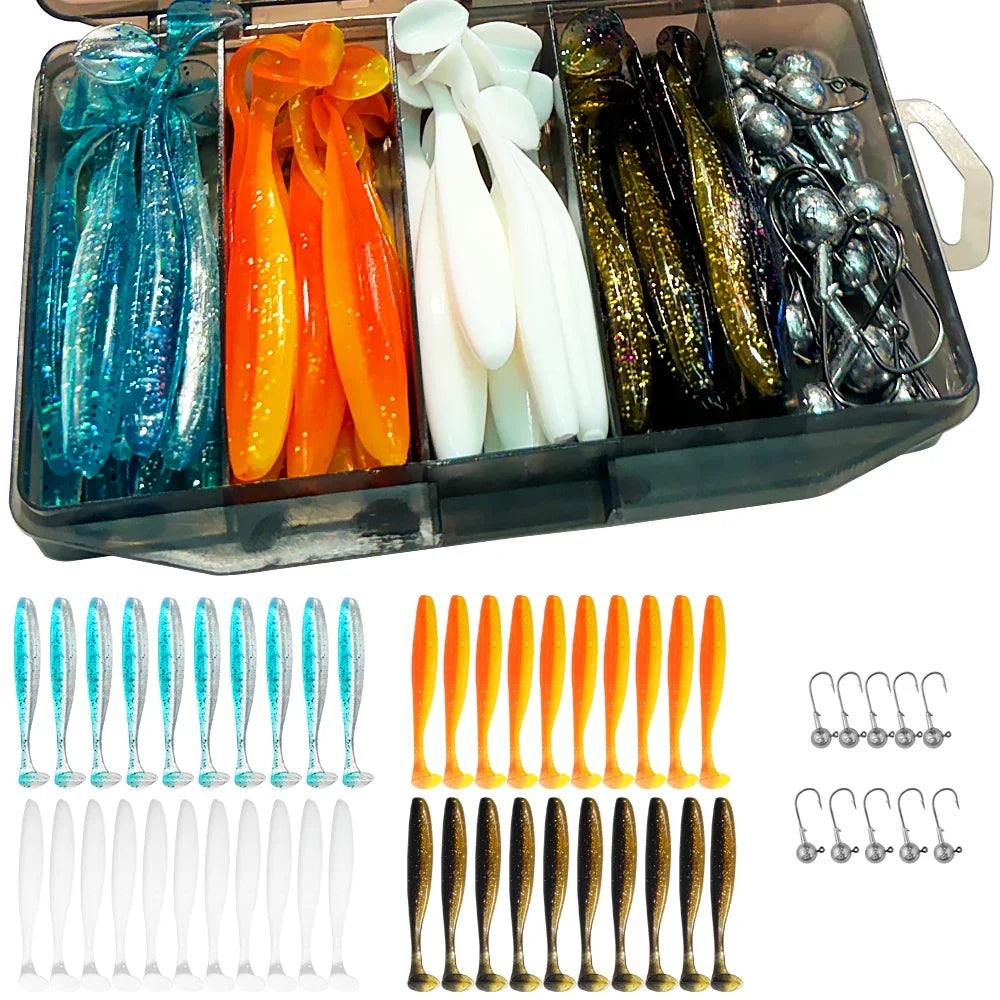 50PCS/Box Metal Jig Bait 5.5cm 7cm 10cm Soft Lure 3g 5g 7g 10g 14g Jigging Head Hook Fishing Box Pesca Swimbait Sinking Lure Kit