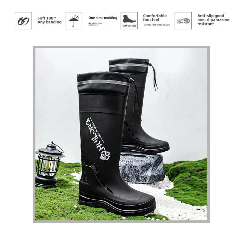 Men's Fashionable InsTrendy Waterproof Non-slip High Top Rain Boots With Thick Sole And Wear-Resistant Rubber Shoes For Fishing