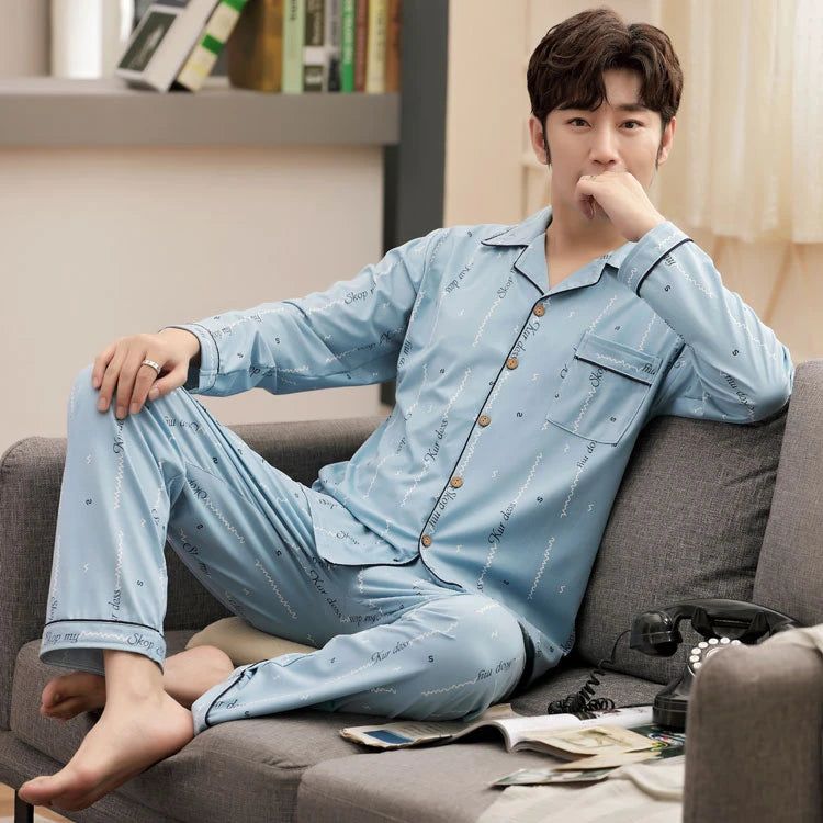 L-5XL Plus Size Faux Cotton Print Men's Pajamas Korean Ins Autumn Y2k Male Nightwear 2024 New Big Size Long Sleeve+pant Home Set